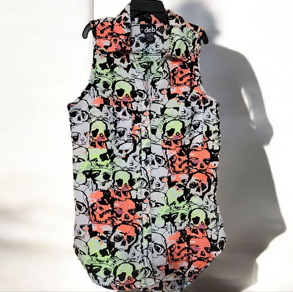 Deb Skull Print Sleeveless Shirt - Multicolor Neon
